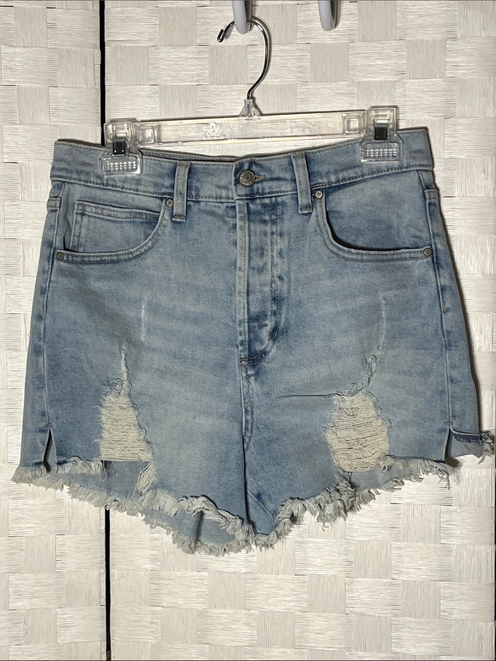 Celebrity Pink Light Blue Distressed Denim Cutoff Shorts
